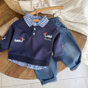 Set Felpa con Cappuccio e Pantaloni in Cotone per Ragazzi, Nuovo Stile Primavera/Autunno 2025, Due Pezzi con Motivo <span class=keywords><strong>a</strong></span> Quadri e Cartoni Animati - Product Image 2