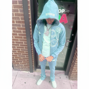 Sudaderas con capucha con cremallera completa y pantalones de chándal apilados acampanados conjunto de chándal de dos piezas personalizar algodón Puff estampado mujeres Unisex chándal hombres - Product Image 1