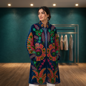 Manteau long en velours Suzani brodé à la main pour femme, bleu roi, motif floral Paisley, veste longue ouverte sur le devant, robe kimono, style bohème, hiver - Product Image 2