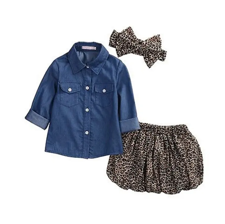 Ensemble vêtements d'été pour bébés de 6 à 36 mois, vêtements pour petites filles, chemise de cowboy, jupe léopard, tête fleur