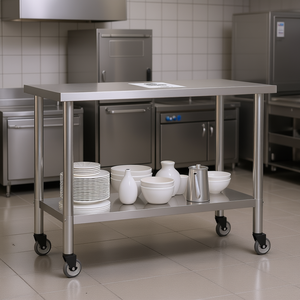 Commercial Kitchen <b>Work</b> <b>Table</b> 43.3x21.7x33.5 Stainless Steel With Wheels Freestanding Polished Finish - Product Image 2