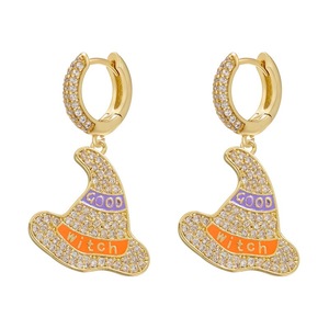 Nuovo stile di Halloween gioielli in zircone cubico smalto strega cappello magico a pipistrello ciondolo Charm CZ orecchini a cerchio per donne ragazze bambini - Product Image 2