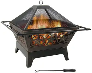 户外火坑大型方形木材燃烧庭院后院火炉，用于室外与烹饪烧烤格栅火花屏幕