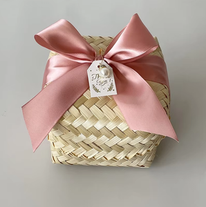 Boîte à bijoux en paille naturelle tressée à la main avec nœud en satin, boîte de rangement écologique tressée pour bijoux et cadeaux - Product Image 2