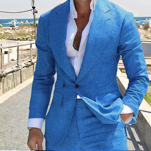 OEM Set completo due pezzi in <span class=keywords><strong>lino</strong></span> <span class=keywords><strong>di</strong></span> grandi dimensioni pantaloni traspiranti in tinta unita doppio petto monopetto <span class=keywords><strong>Blazer</strong></span> piatto solido - Product Image 4