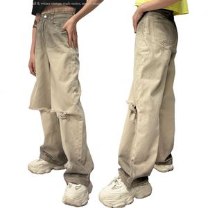 Jeans de Mujer Estilo Americano de Cintura Alta, Pantalones Largos Ajustados de Pierna Recta con Diseño Rasgado, Color Sólido, Estilo Urbano, Spice Girl, Invierno - Product Image 4