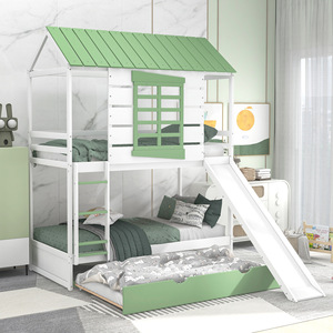 White And Green House Shaped Childrens Bunk <b>Bed</b> <b>With</b> <b>Slide</b> And Trundle <b>Bed</b> For Bedroom - Product Image 2