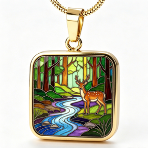 Colgante Rectangular Chapado en Oro con Escena de Ciervos en el Bosque, Artesanía Metálica con Temática Animal y Esmaltado - Product Image 2
