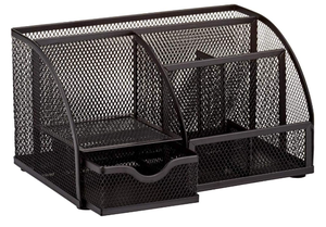 Organisateur de bureau en maille avec 7 compartiments, tiroir de rangement, porte-stylos, organisateur multifonctionnel noir - Product Image 3