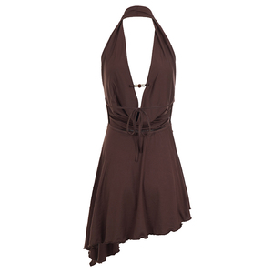 Robe moulante sexy à col bénitier et dos nu pour femme, imprimé numérique, couleur unie, boucle métallique, ourlet enveloppant, mini-robe de soirée - Product Image 6