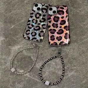 Luxury Cheetah Phone Case with Diamond crystal keychain strap for iPhone 13 14 15ProMax sparkling Wave Shape Laser Phone Cover