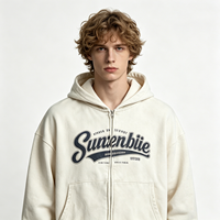 Sweat à capuche zippé vintage délavé, épais, effet soleil, streetwear, pour homme, blanc, imprimé lettres rétro, pull, vente en gros