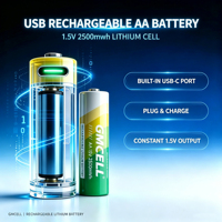 حزمة من بطاريتي أيون الليثيوم 2500mWh USB بطارية من النوع C قابلة لإعادة الشحن AA