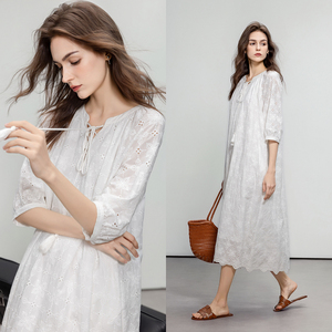 Demana French Style Cotton Dress Women Summer Lace Embroidery Tie Up Ruffle Long Skirt - Product Image 1