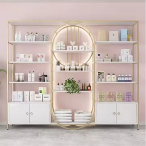Muestra gratis salón de belleza tienda <span class=keywords><strong>barber</strong></span>ía gabinete de almacenamiento de hierro estante de exhibición de suelo de madera con LED - Product Image 4