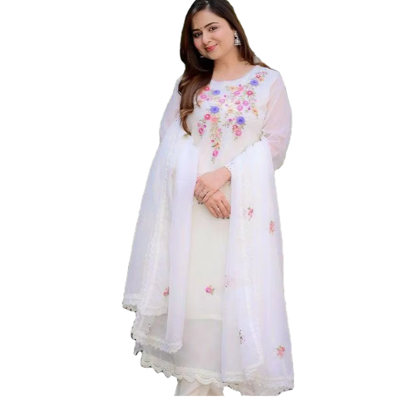 ladies white dresses pakistani Women's Vintage Short Party Dress Top Bottom Dupatta Set Ready-Made Cotton Dress RW00355