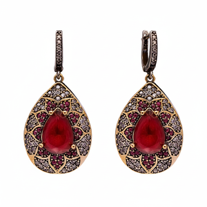 Pendientes colgantes turcos auténticos de pera rubí CZ hechos a mano, joyería de plata de ley 925 al por mayor - Product Image 2