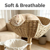 Meuble pour chat naturel : Panier suspendu tressé, Maisonnette pour chat en peluche blanche, Arbre à chat avec poteaux à gratter en sisal et jouet suspendu, Structure en bois