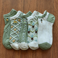 Chaussettes courtes brodées jacquard vertes à motifs floraux pour femme, en coton fin respirant, idéales printemps-été