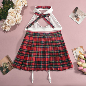 Wholesale Schoolgirl Cosplay Lingerie Set Sheer <b>Mesh</b> Top Red Tartan Plaid Pleated Garter Mini <b>Skirt</b> Women Sexy Role‑play Costume - Product Image 5