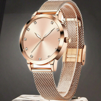 Montre à quartz or rose pour femme, bracelet en acier inoxydable, montre-bracelet habillée, boîtier rond analogique, étanche, cadran lumineux
