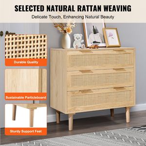 3 Drawer Boho Rattan Dresser Sturdy Handles Legs Natural <b>Wood</b> Nightstand for Bedroom Living Room Spacious <b>Storage</b> Rattan <b>Chest</b> - Product Image 4