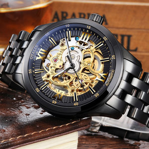 Montre analogique squelette de luxe pour homme, bracelet en acier inoxydable, mouvement automatique, résistante à l'eau, cadran en verre - Product Image 4