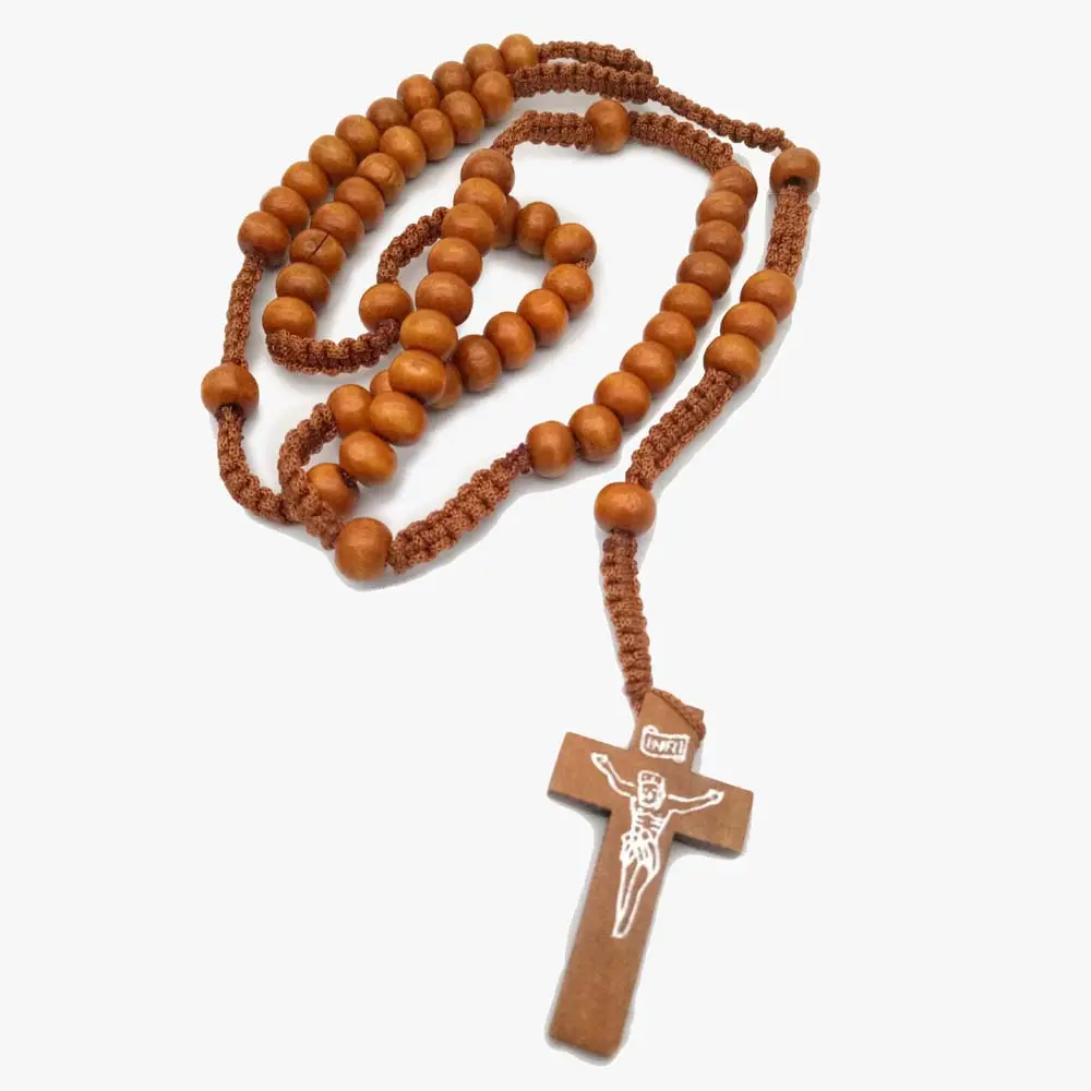 Komi kalung kayu Katolik, grosir manik-manik buatan tangan liontin salib Yesus jimat kalung rosario
