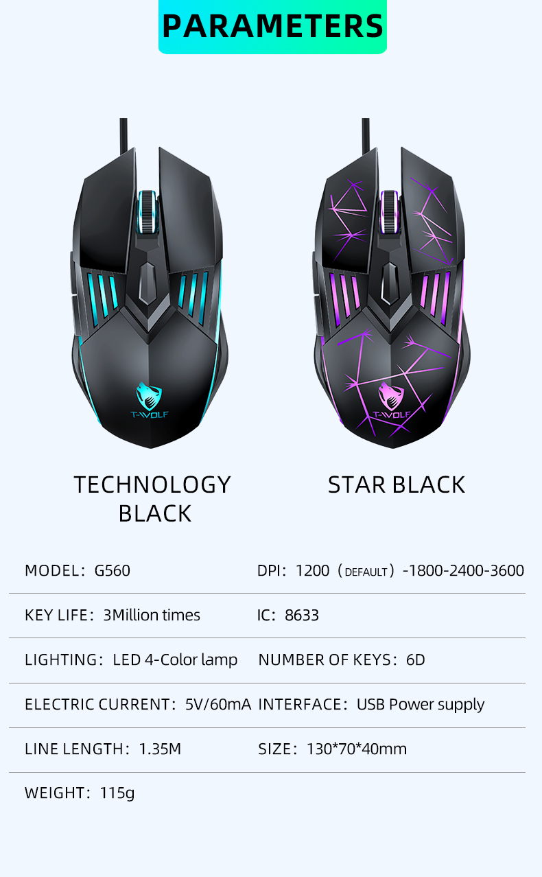 New gadget TWOLF G560 Wired Mouse 6 keys adjustable dpi four-color breathing lamp for mouse gamer