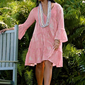 Vestido Hawaiano de Verano con Estampado Playero, Cuello en V Profundo, Manga Acampanada, Multicapa, Personalizado, de Algodón, Informal - Product Image 4
