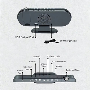 Réveil <span class=keywords><strong>projecteur</strong></span> pour chambre à coucher 180 °   <span class=keywords><strong>Projecteur</strong></span> LED rotatif à grand écran, double alarme, variateur d'intensité, horloge à chargement USB, décoration pour la maison - Product Image 5