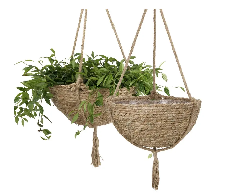 天然海草ハンギングプランターバスケットセット、屋内植木鉢、自由奔放に生きる装飾植木鉢カバー、パック2