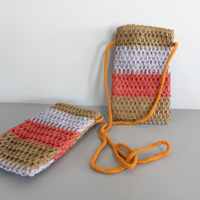 Sac bandoulière en paille tressée au crochet pour téléphone portable, motif color block rayé, pochette en coton avec cordon de serrage, idéal pour l'été, la plage, les vacances et les voyages