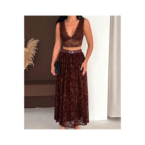 Women's Brown Flocked Tulle Skirt <b>Elastic</b> Waist 100 Cm Hijab Friendly Long A Line - Product Image 3