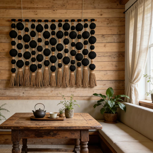 Tapiz de Macramé Moderno Rústico Tejido a Mano con Borlas, Estilo Boho Farmhouse - Product Image 1