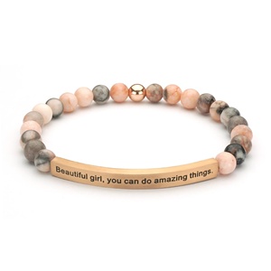 Pulsera Unisex Grabada de Piedra Natural de Cristal con Cuentas de Zebra Rosa de 6mm, Separador Dorado y Tubo de Acero Inoxidable Curvado, Regalo de Pascua - Product Image 2