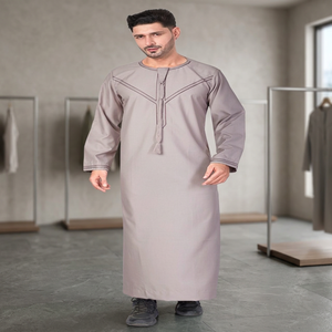<b>Men's</b> Beige <b>Thobe</b> Neck Long Sleeve Lightweight Polyester Floor Length Modest Prayer Wear Eid Ramadan Adult Middle East - Product Image 3