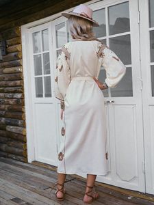 Vestido Maxi Bordado para Mujer, Blanco, Algodón, Manga Corta, Casual, Tejido Natural, con Borlas, Elegante, Holgado, para Playa o Día - Product Image 2