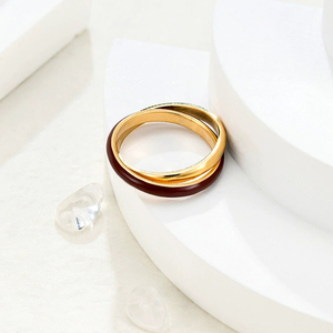 Anello in Acciaio Inossidabile Placcato Oro 18K PVD, Smalto <span class=keywords><strong>Rosso</strong></span> <span class=keywords><strong>Vino</strong></span>, Doppio Strato, Gioielli Minimalisti alla Moda per Donne - Product Image 2