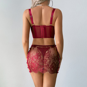 <b>Sexy</b> Embroidery See-through Mesh Garter Skirt Lingerie <b>Set</b> New Hollow Out 3pcs Bra and Brief <b>Set</b> - Product Image 2