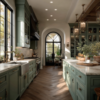 Mobili da Cucina in Stile Country Francese con Laccatura Lucida, Isola in Marmo, Mensole Aperte, Illuminazione LED e Chiusura Ammortizzata