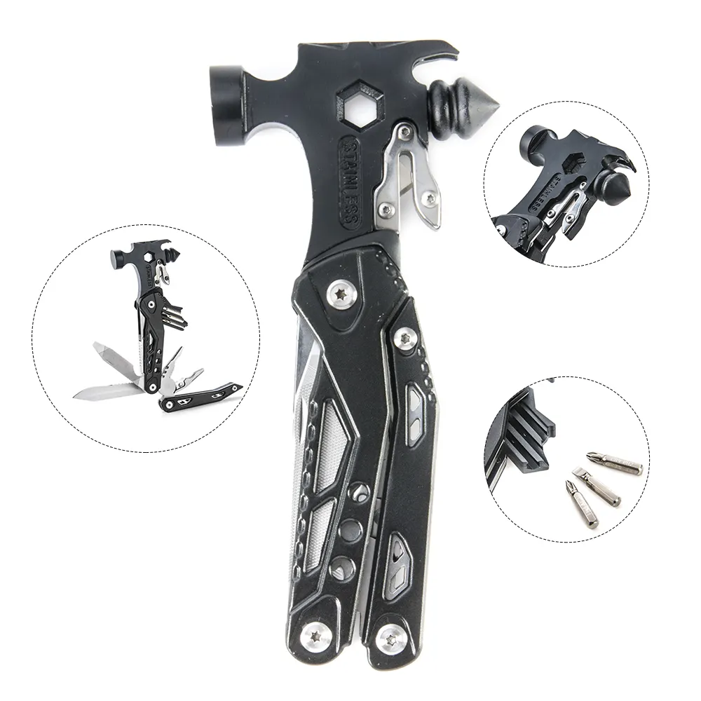 Black camping accessories gadgets survival gear screwdriver pliers bottle key knife saw and more pocket multi tool hammer