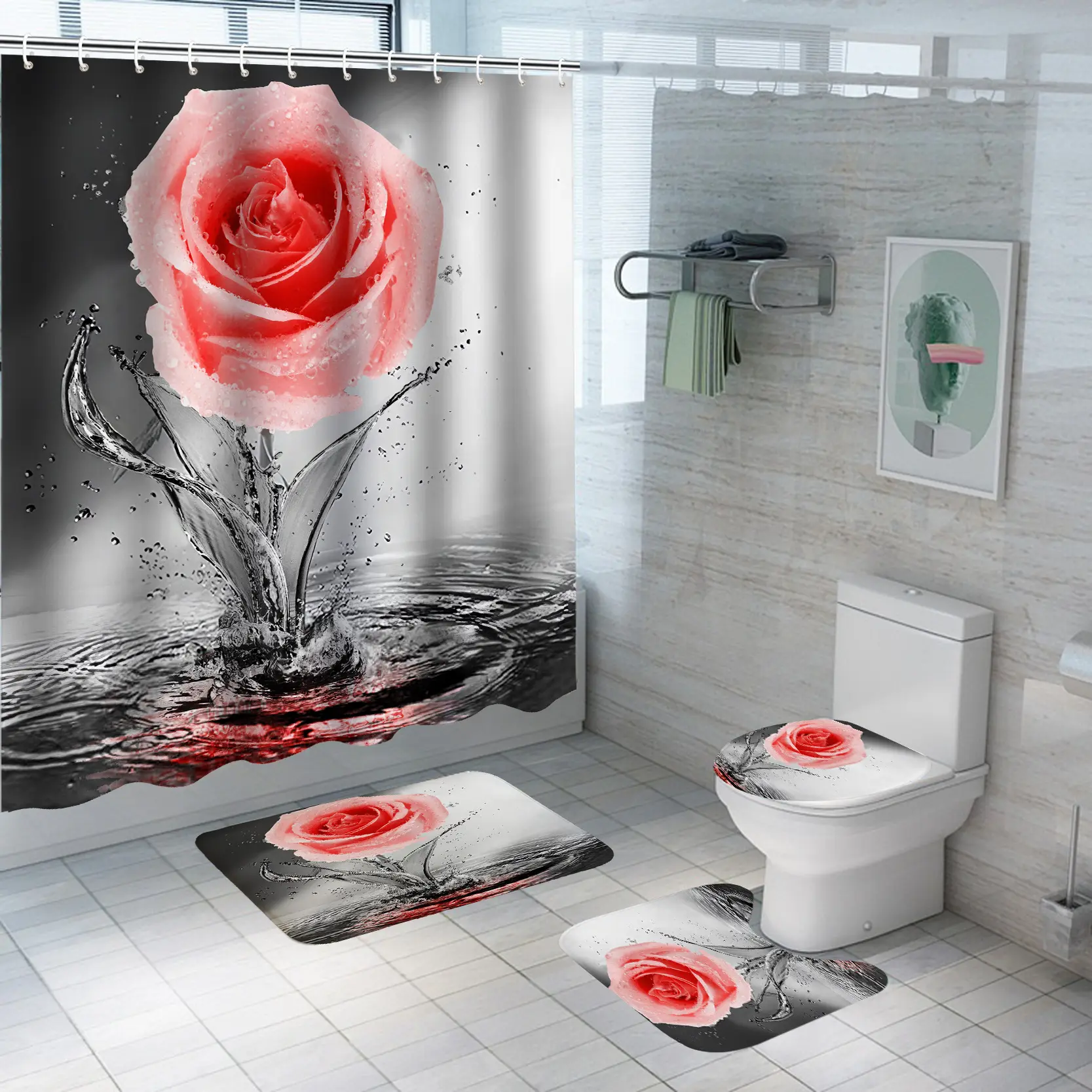 Hot Selling Rose Flowers Shower Curtain set HD Printed Customization Curtains and Rugs