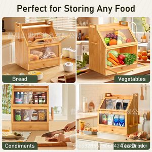 Boîte à pain en bois avec tiroirs et porte en verre, grande capacité de rangement pour comptoir de cuisine - Product Image 5