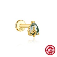Bijou d'oreille en argent sterling 925 pour femme, motif géométrique, agate aquatique naturelle, tête plate, filetage interne 16G, pour cartilage