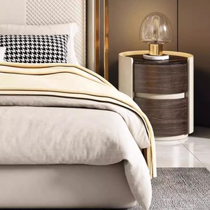 Comodino <span class=keywords><strong>Rotondo</strong></span> di Design Minimalista di Fascia Alta in Legno Massello di Lusso Leggero per Camera da <span class=keywords><strong>Letto</strong></span> con Piano in Pelle e Lastra di Roccia - Product Image 6