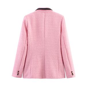 Chaqueta Blazer de Tweed Casual de Manga Larga con Doble Botonadura para Mujer, Color Rosa con Cuello de Solapa - Product Image 2