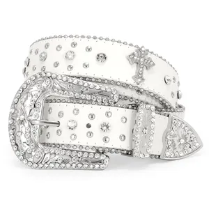 Factory Direct Supply Custom Verwijderbare Gesp Extra Lange Prachtige Zilveren Vrouwen Strass Mens Pu Lederen Riem