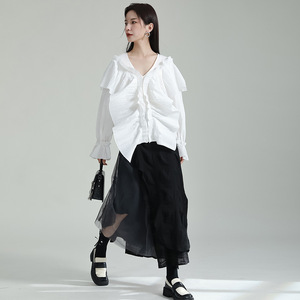 2023 Spring Fashion Women's Blouses &amp; <strong>Shirts</strong> Cute <strong>Frilly</strong> Ruffled V-neck Loose Bell Sleeves Long-sleeved Blouse - Product Image 4