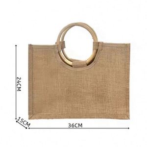 Custom Printed Round Wood Handle Eco Friendly Burlap Jute <b>Shopping</b> Tote Beach Bag With Logos - Product Image 2